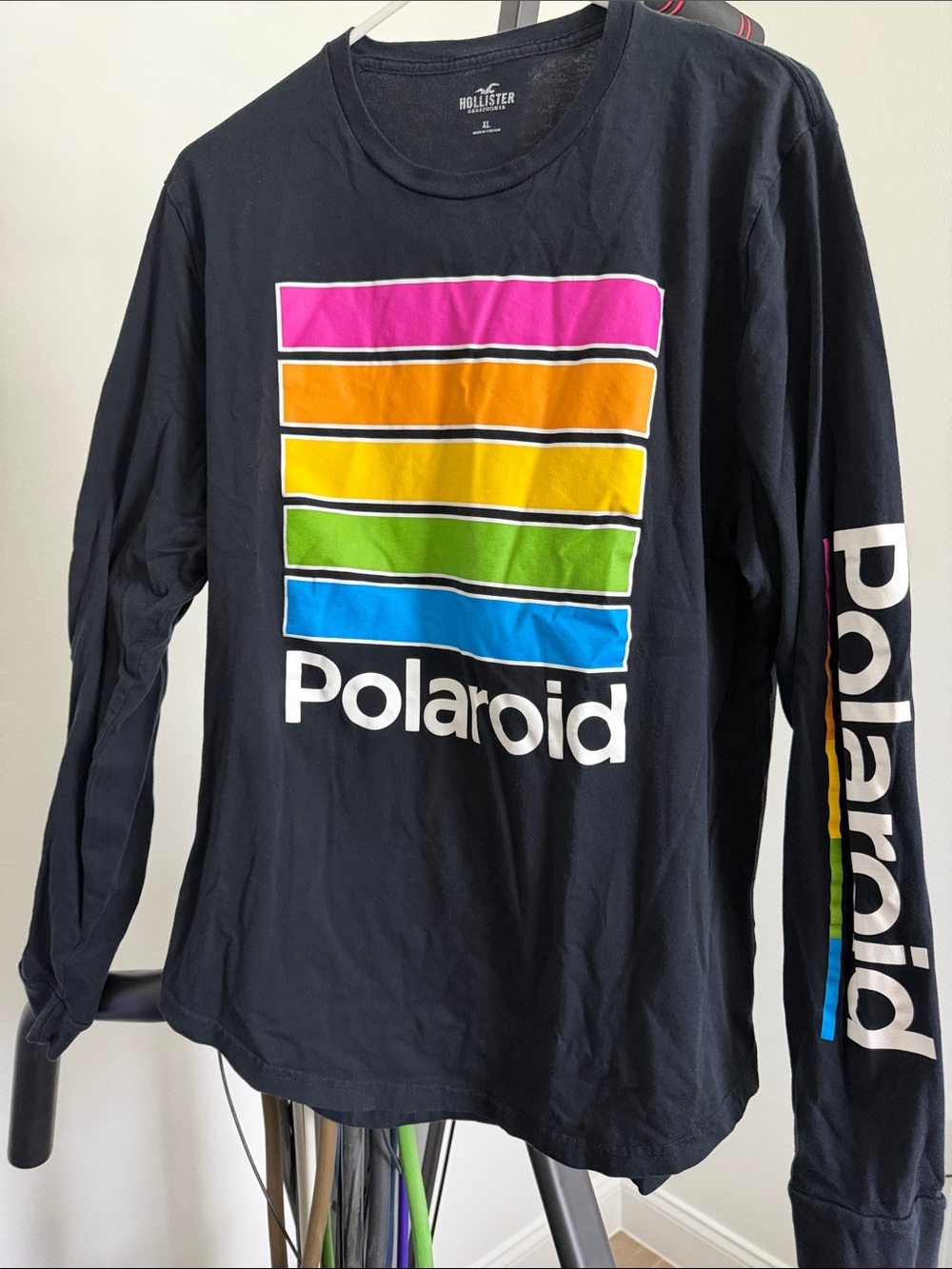Polaroid Black Long Sleeve Tee with Pink, Orange, Yellow, Green & Blue Stripes